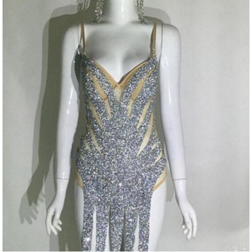 Sexy Silver gold  Rhinestone Bodysuit Show Dancer Stage Costumes for Singers Women Jumpsuit Performer Costumes Nightclub